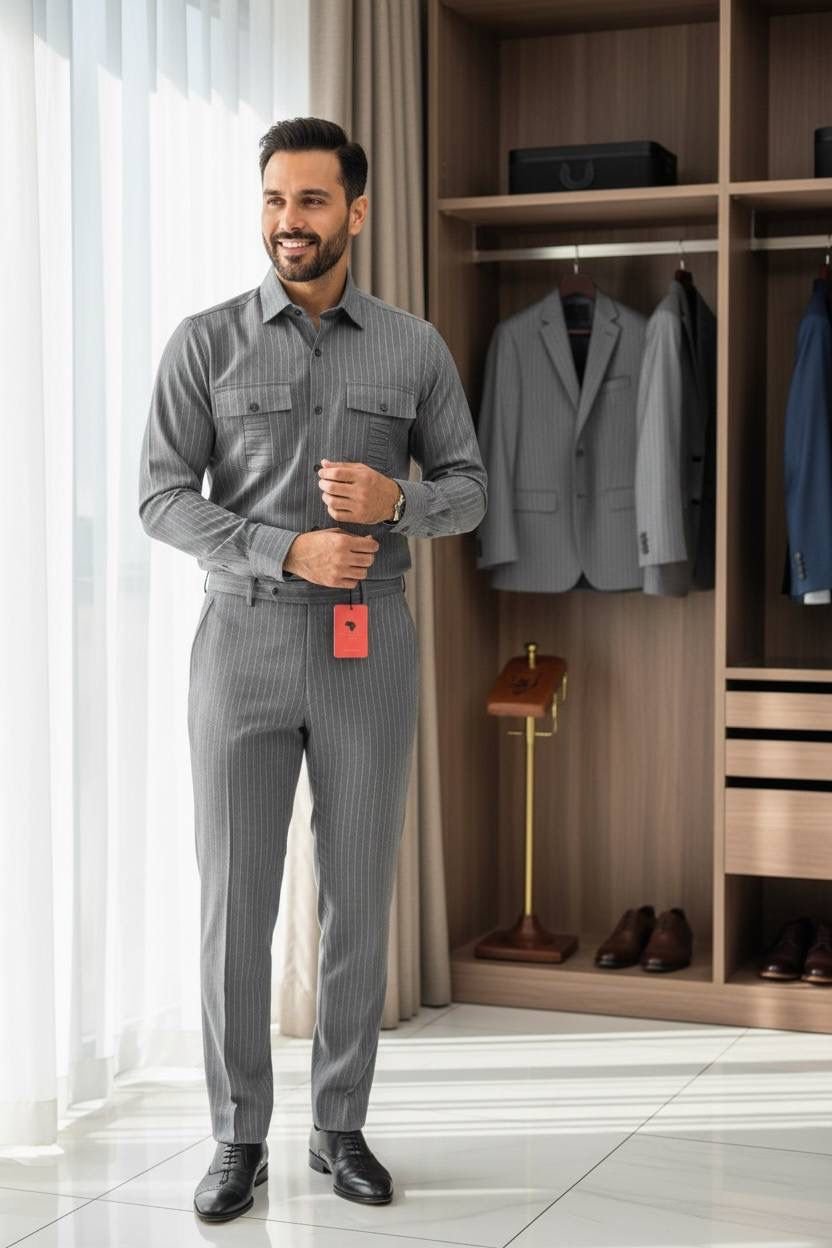Men's Safari 2-Piece Matching Set – Slim Fit Bold Pinstripe Shirt & Trousers (Black with White Stripes) - Image 4