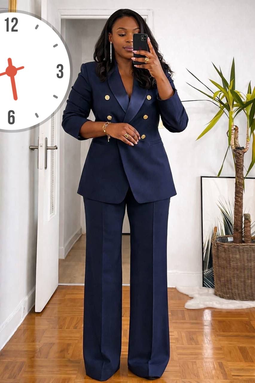 Women's Two-Piece Tailored Pantsuit — Structured Single-Button Blazer with Sheer Floral Lace Long Sleeves and Matching Trouser Pants Set - Image 6