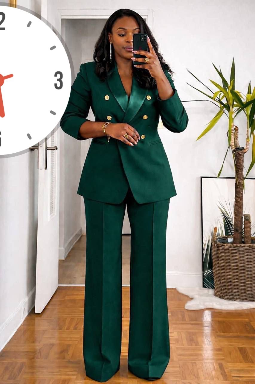 Women's Two-Piece Tailored Pantsuit — Structured Single-Button Blazer with Sheer Floral Lace Long Sleeves and Matching Trouser Pants Set - Image 2